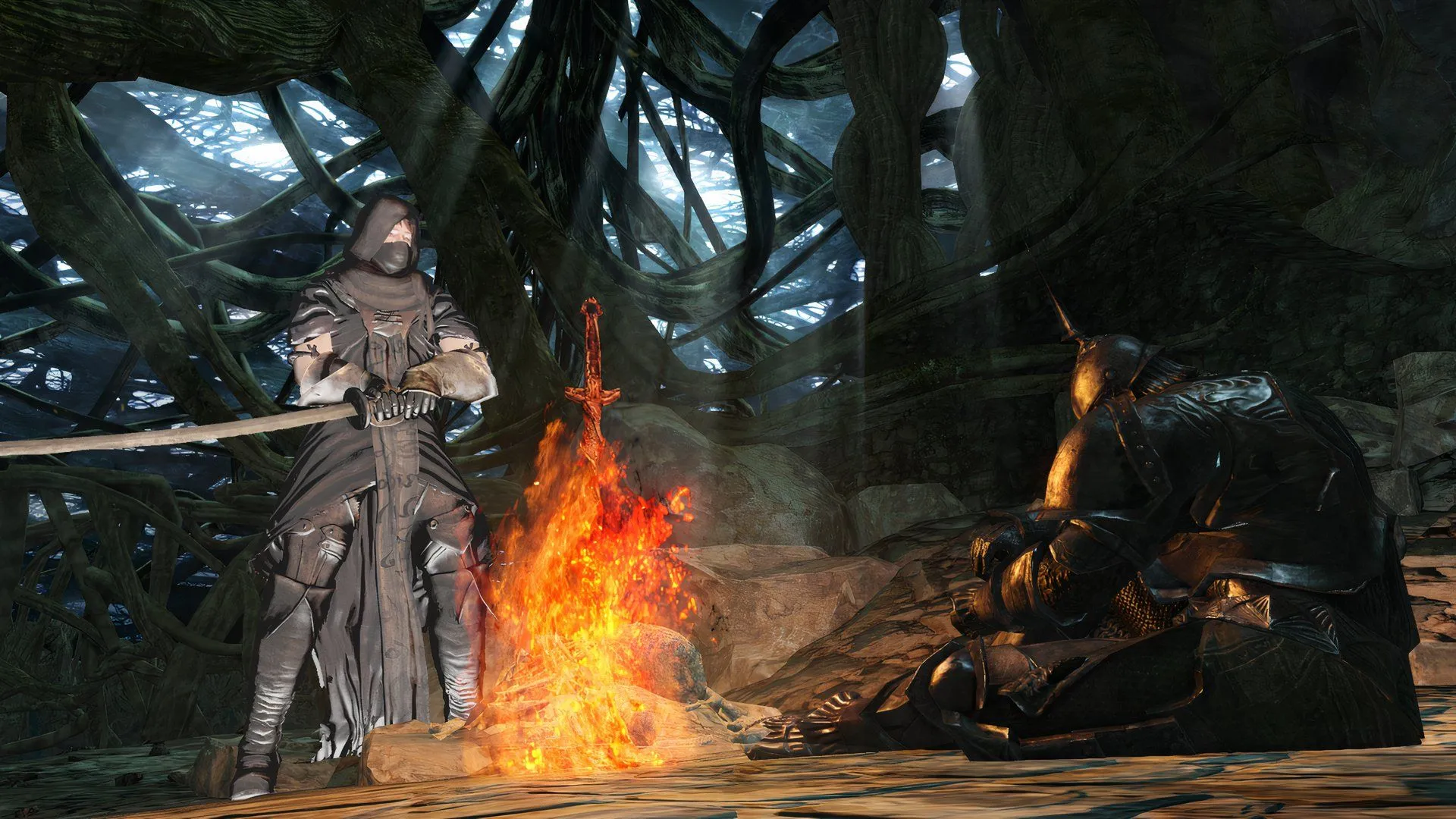 Nhân vật đang nghỉ ngơi tại một đống lửa trại (Bonfire) trong Dark Souls 2, biểu tượng cho sự khắc nghiệt và chu kỳ cốt truyện khó hiểu của game)