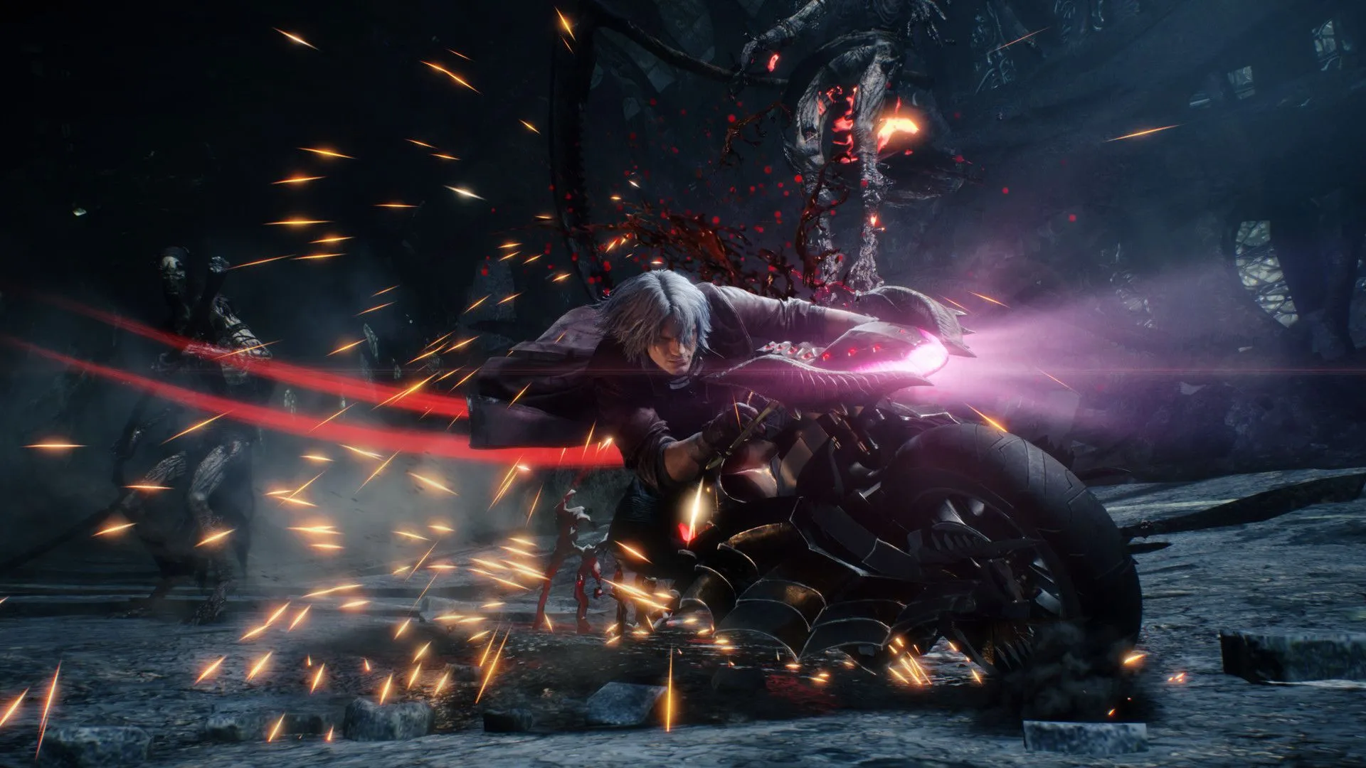 Nhân vật Dante cưỡi chiến xa Cavalier trong tựa game hành động Devil May Cry 5, minh họa chế độ tăng tốc độ gameplay của bản Special Edition.