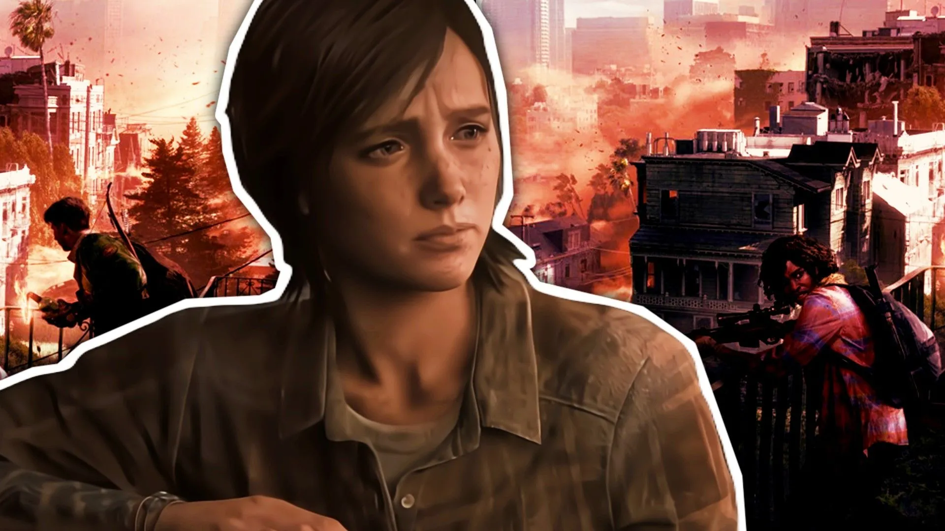 Nhân vật Ellie trong The Last of Us trước phông nền hình ảnh các nhân vật từ game The Last of Us Factions, tựa game bị hủy bỏ.