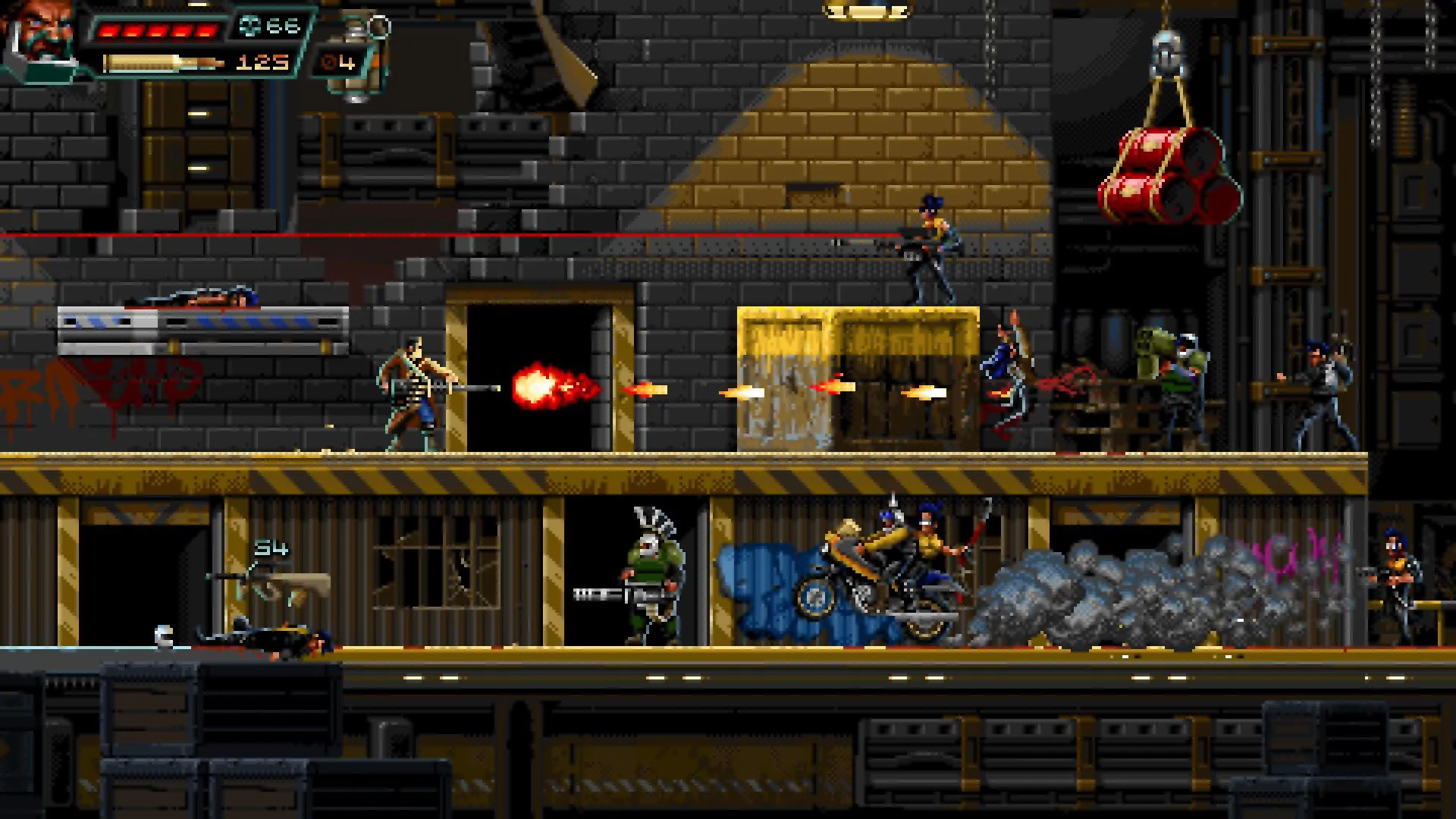 Nhân vật trong game Huntdown bắn kẻ thù trong bối cảnh thành phố cyberpunk, một ví dụ về game run-and-gun hiện đại lấy cảm hứng từ thập niên 80