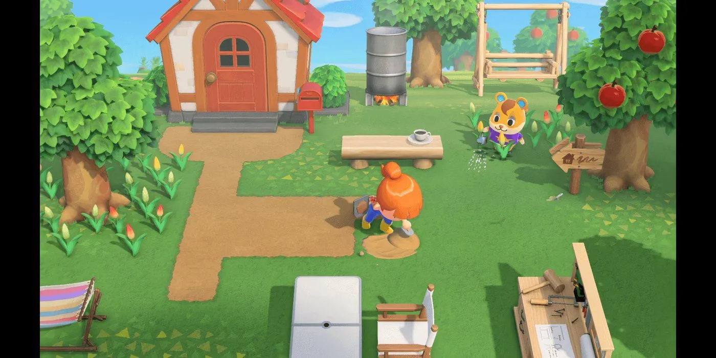 Nhân vật tưới cây trong khu vườn được trang trí đẹp mắt của Animal Crossing New Horizons
