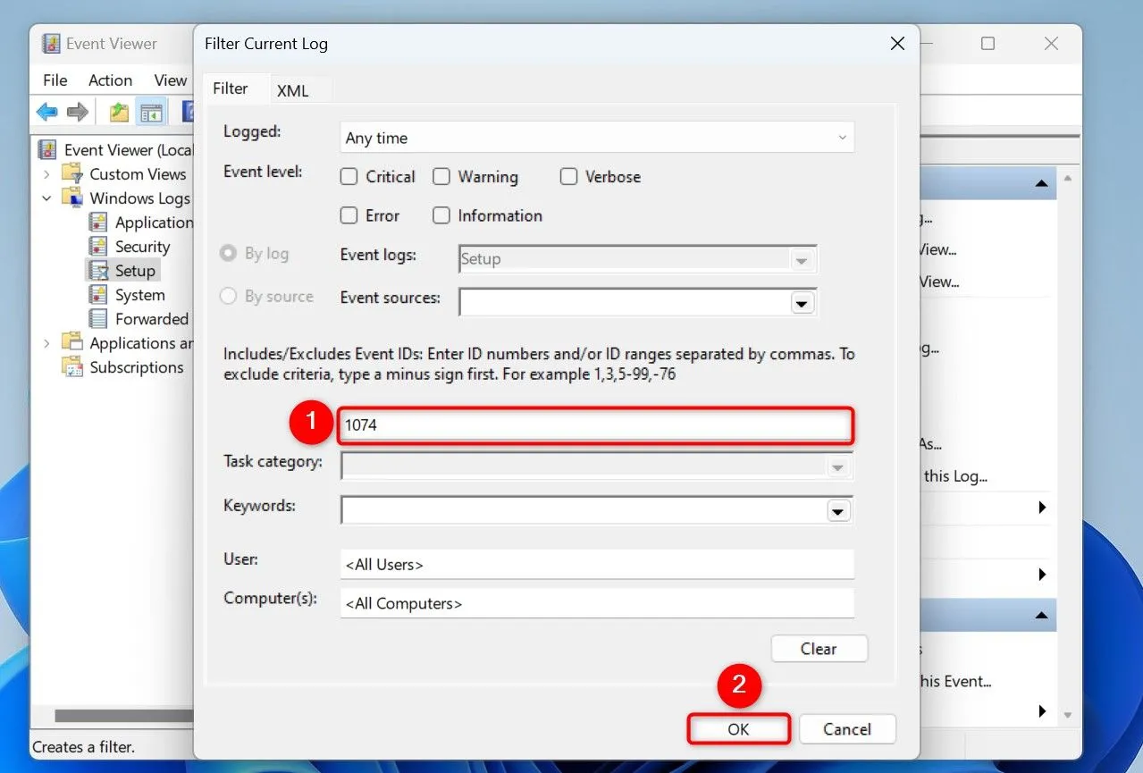 Nhập Event ID 1074 để lọc và xem các sự kiện khởi động lại máy tính
