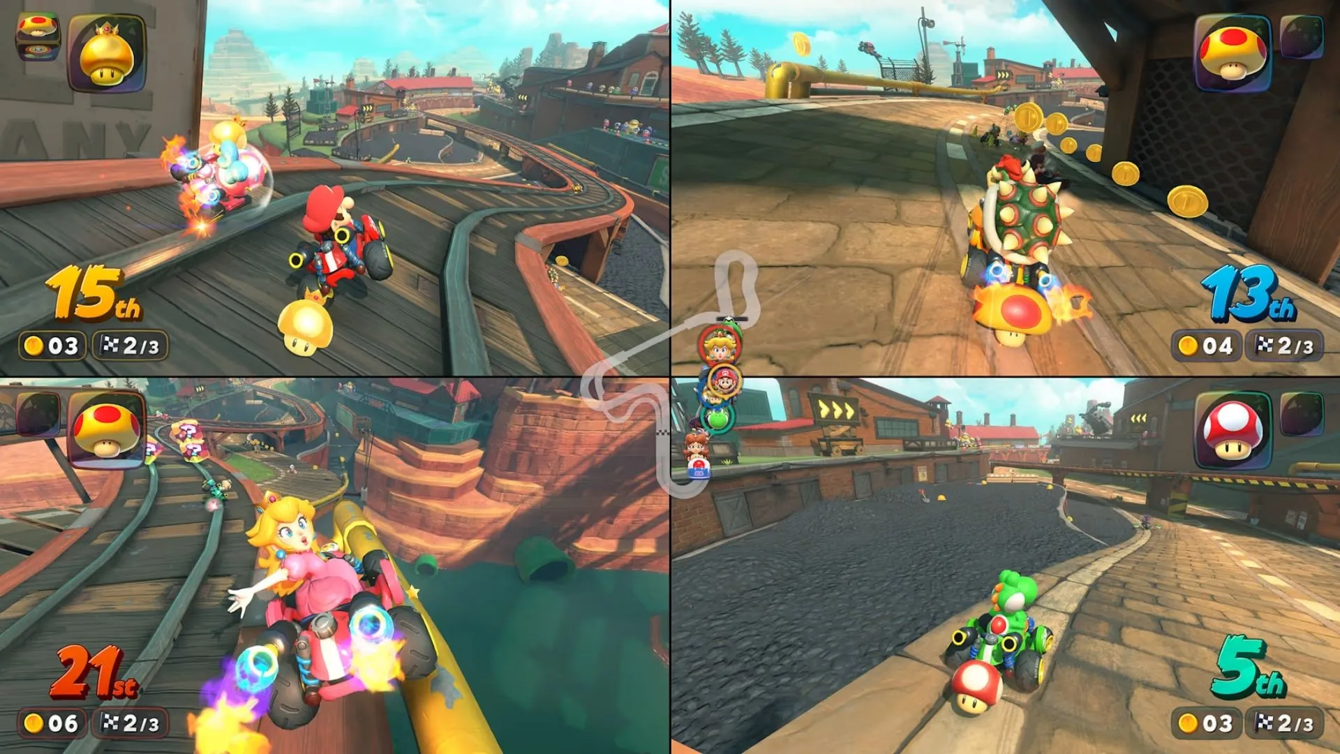 Nhiều nhân vật đang đua trên một đường đua phức tạp của Mario Kart World