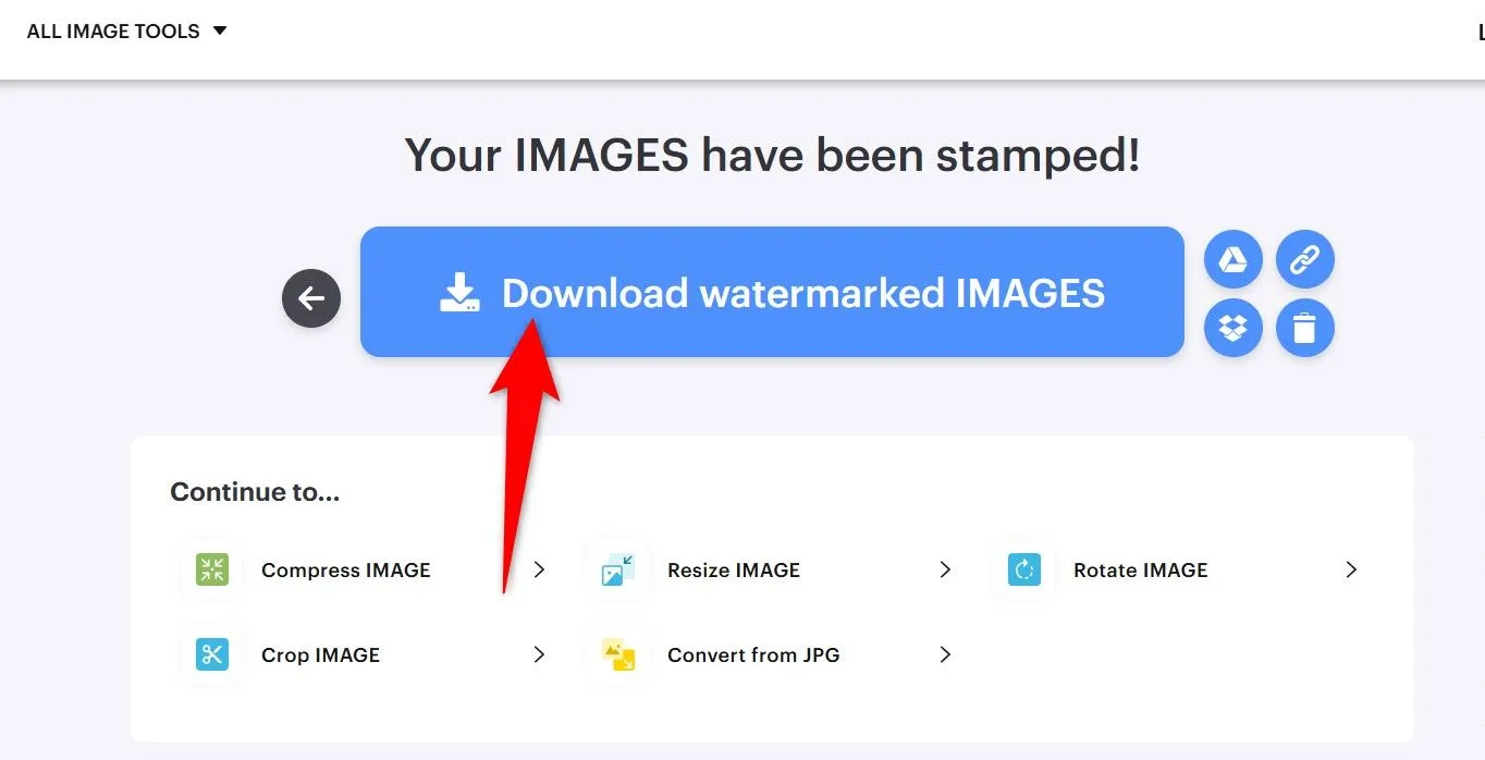 Nút &quot;Tải xuống hình ảnh đã watermark&quot; trên trang kết quả của iLoveIMG.