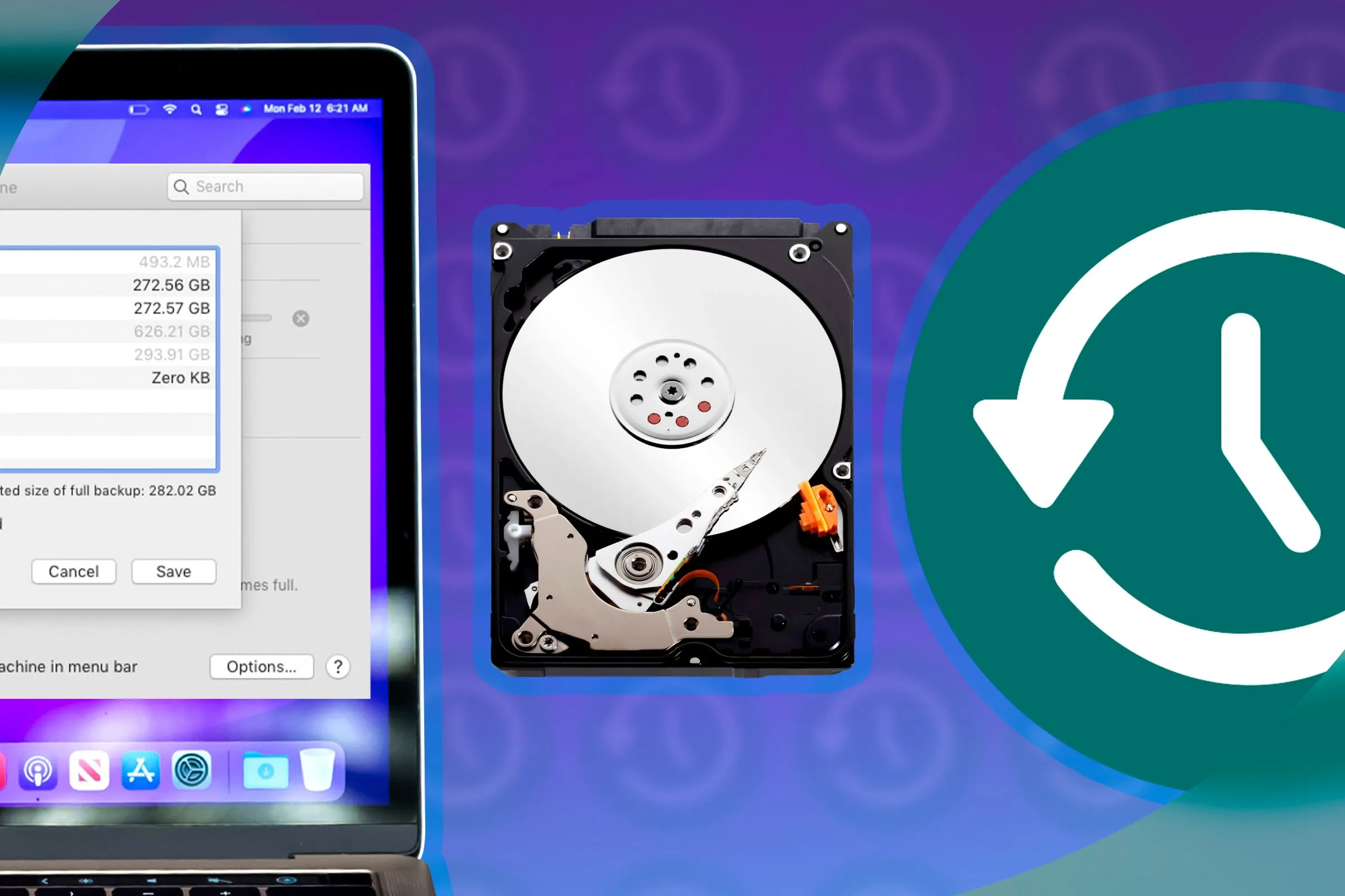 Ổ cứng di động và MacBook với biểu tượng Time Machine đang sao lưu dữ liệu