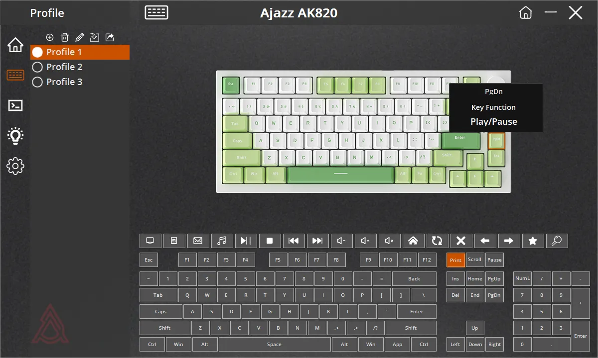 Phần mềm tùy chỉnh bàn phím Ajazz AK820 hiển thị phím PgDn được gán chức năng phát/tạm dừng