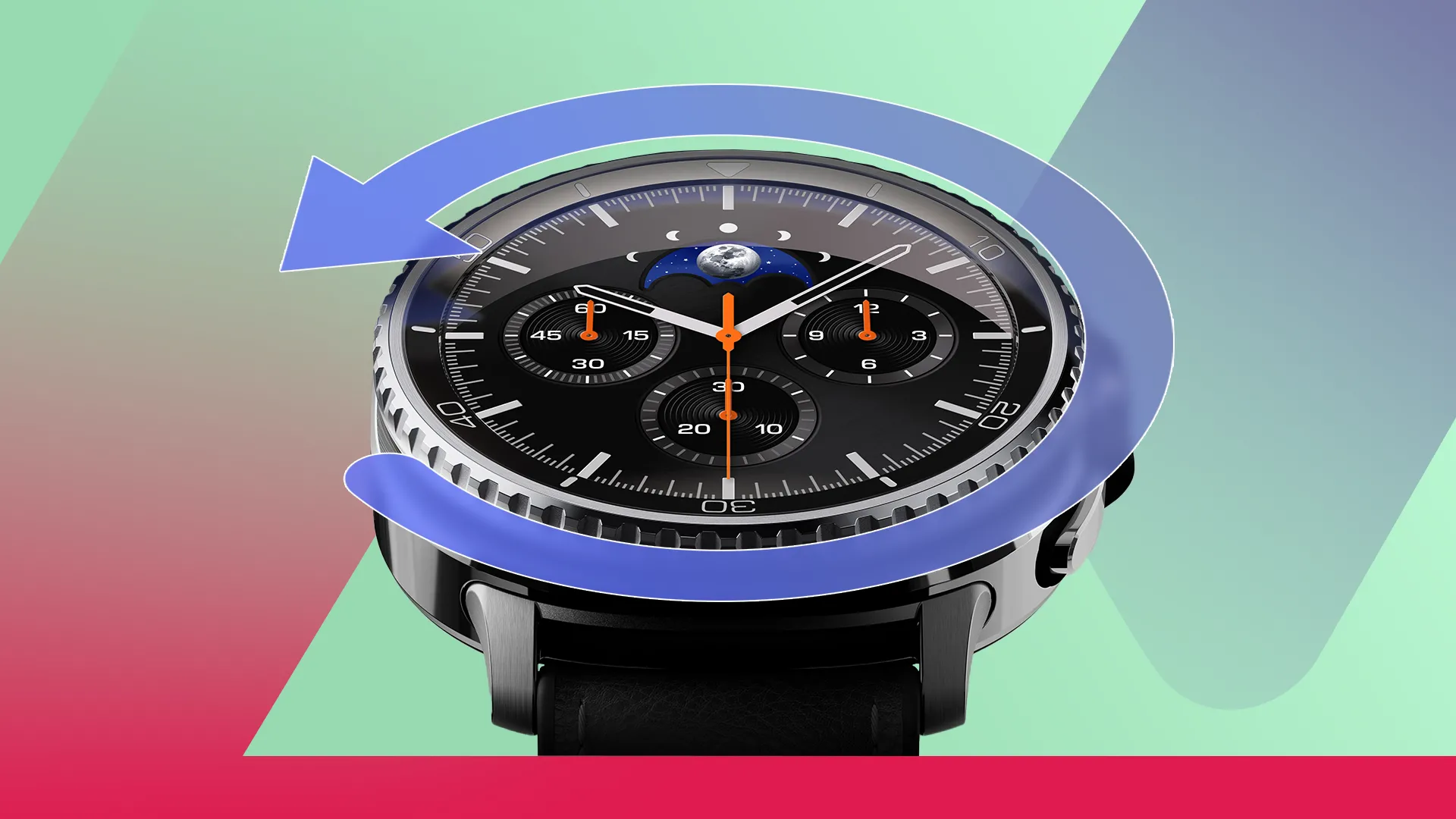 Samsung Galaxy Watch 8 Classic hiển thị vòng xoay bezel vật lý với mũi tên màu xanh nhấn mạnh tính năng điều hướng.