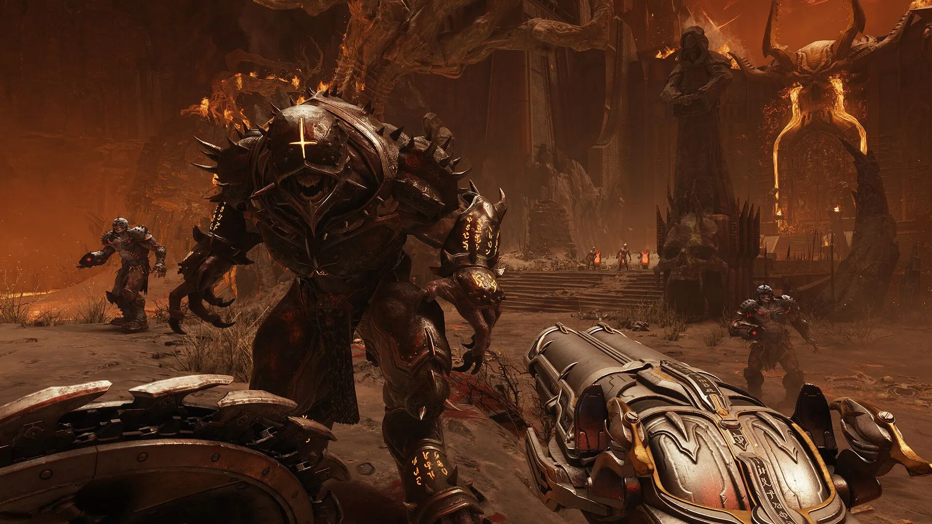 Screenshot trong game Doom: The Dark Ages với nhân vật chiến đấu giữa cảnh đổ nát