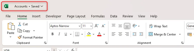 Sổ làm việc Excel cho thấy Thanh công cụ Truy cập Nhanh chưa được kích hoạt