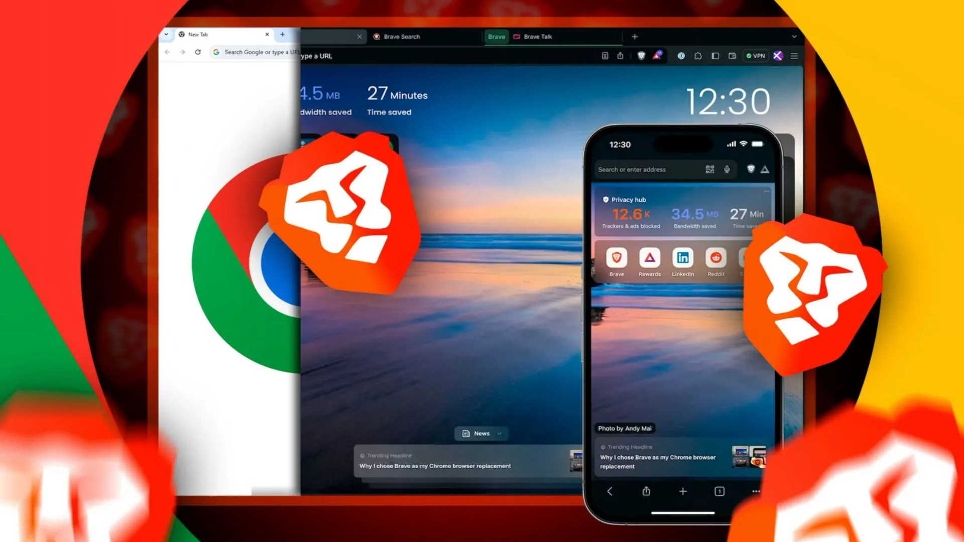 So sánh giao diện trình duyệt Brave và Chrome trên màn hình chia đôi, Brave chiếm ưu thế về không gian.