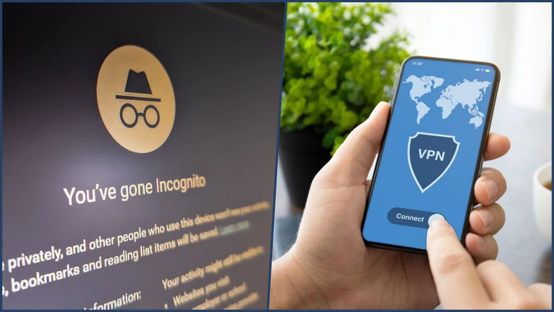 So sánh trực quan giữa chế độ ẩn danh (Incognito mode) và việc sử dụng Mạng riêng ảo (VPN), thể hiện sự khác biệt về mức độ bảo vệ quyền riêng tư trực tuyến.