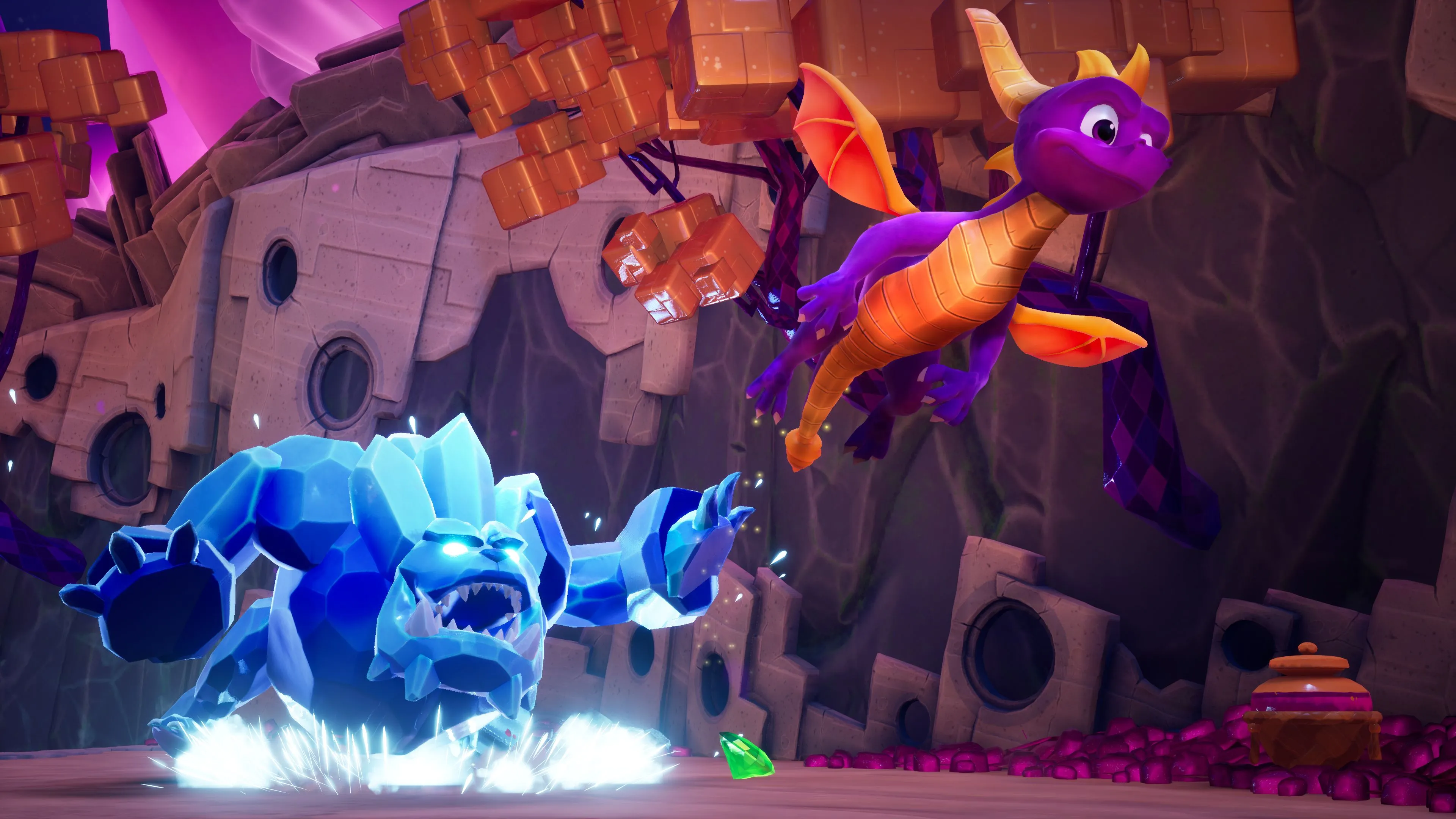 Spyro đang bay đi khỏi một kẻ thù trong Spyro Reignited Trilogy, thể hiện đồ họa tươi sáng và lối chơi được cải tiến.