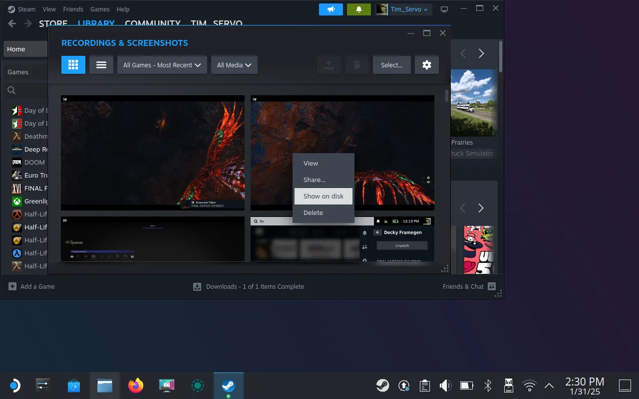 Sử dụng tùy chọn &quot;Show on Disk&quot; trong Steam để mở thư mục chứa ảnh chụp màn hình trên SteamOS.