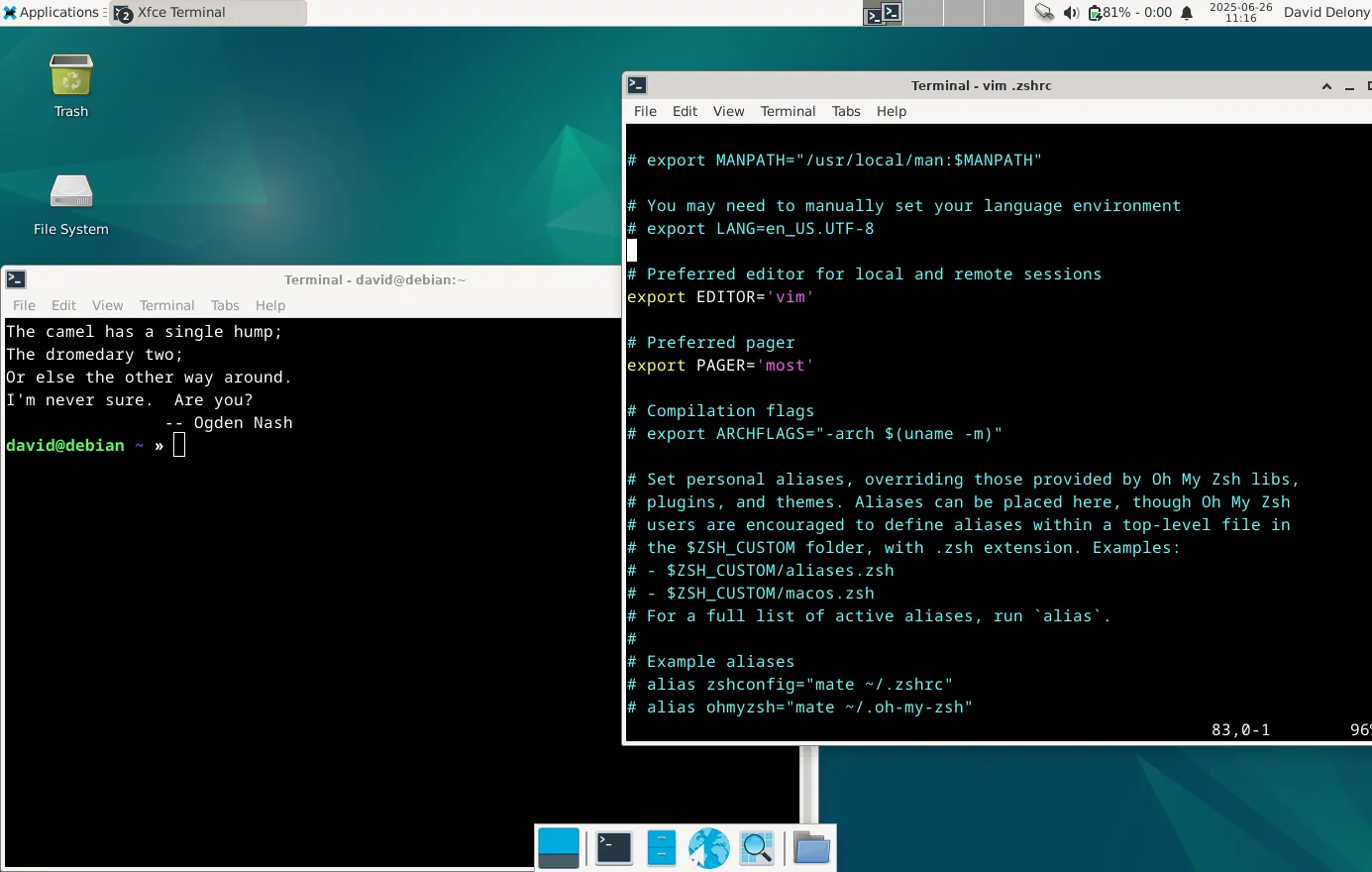 Sửa đổi tệp .zshrc trong một cửa sổ và một terminal dự phòng trong cửa sổ khác trên Linux.