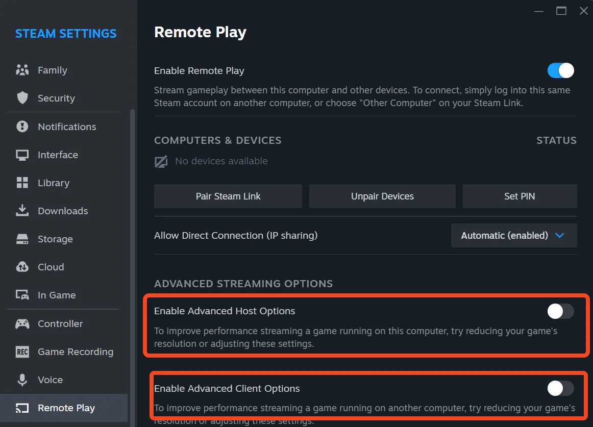 Tab Remote Play với các tùy chọn cài đặt nâng cao.