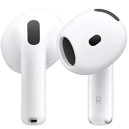 Tai nghe không dây Apple AirPods 4 màu trắng, đặt trong hộp sạc hình chữ nhật nhỏ gọn.