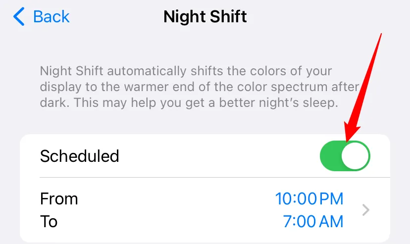 Tắt Night Shift theo lịch trình để ngăn iPhone tự động thay đổi màu sắc màn hình vào ban đêm