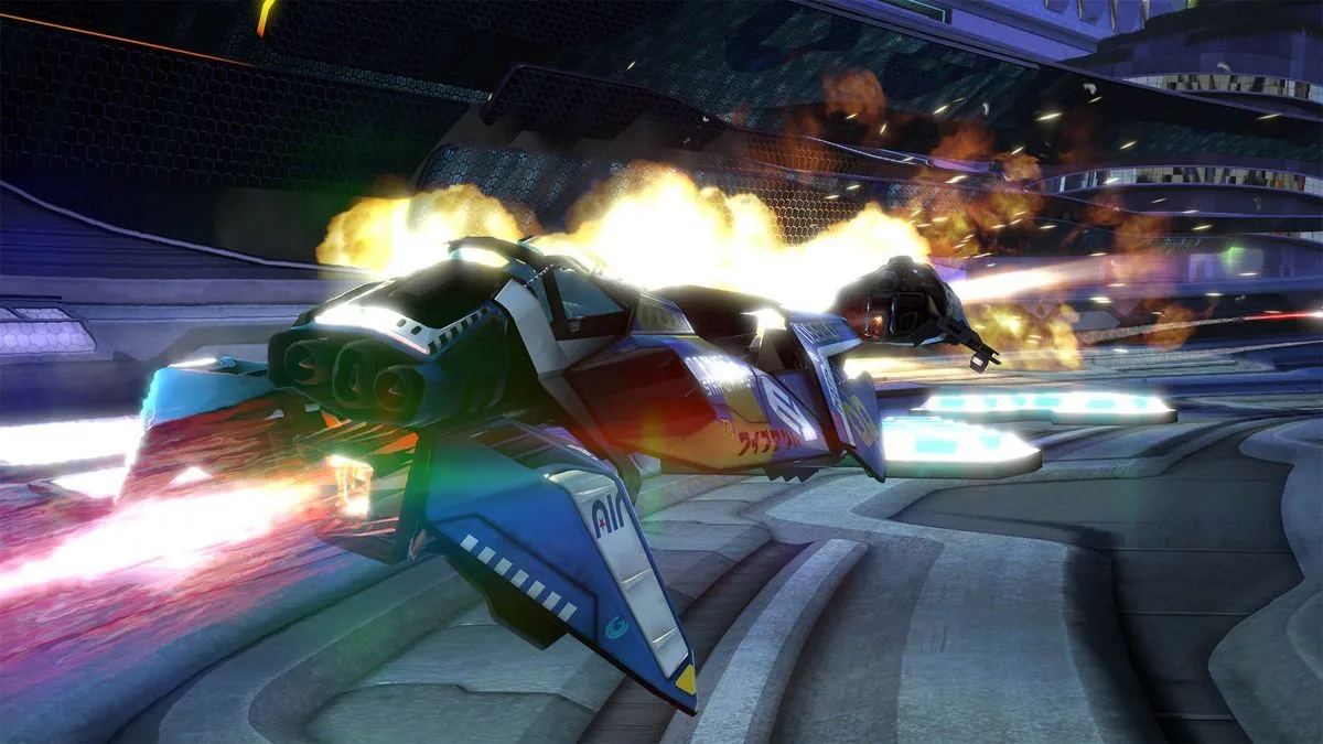 Tàu bay AG Sys đang tăng tốc trên đường đua tương lai trong Wipeout Omega Collection