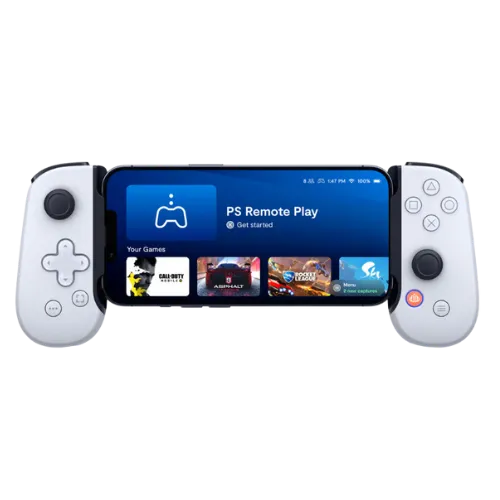 Tay cầm chơi game Backbone One PlayStation Edition kết nối với điện thoại Android, hiển thị ứng dụng chơi game.