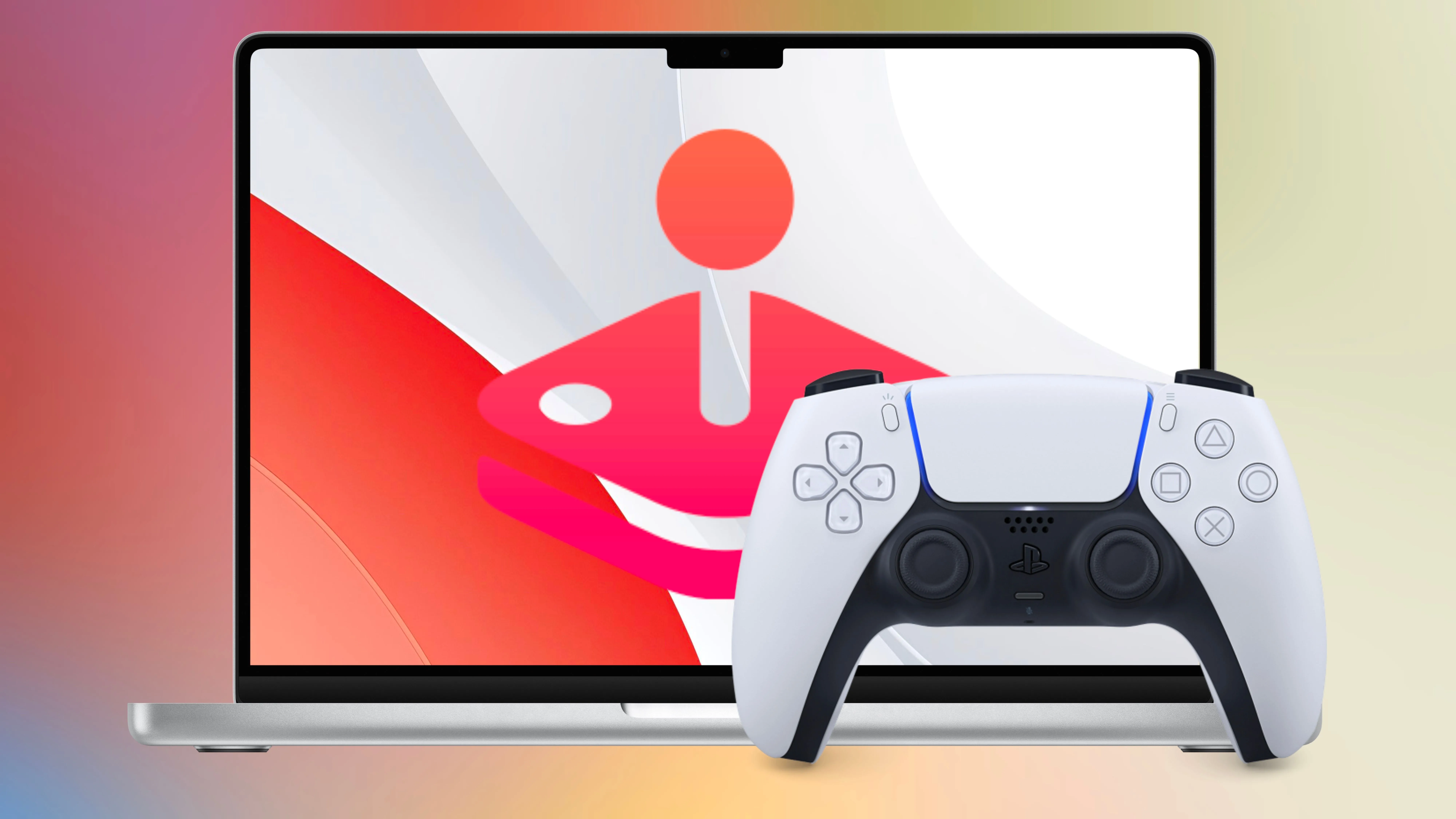 Tay cầm PS5 đặt trước MacBook hiển thị logo Apple Arcade, minh họa khả năng kết nối và chơi game console trên Mac.