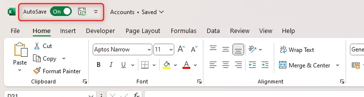 Thanh công cụ Truy cập Nhanh của Excel hiển thị các nút Lưu và Tự động lưu mặc định