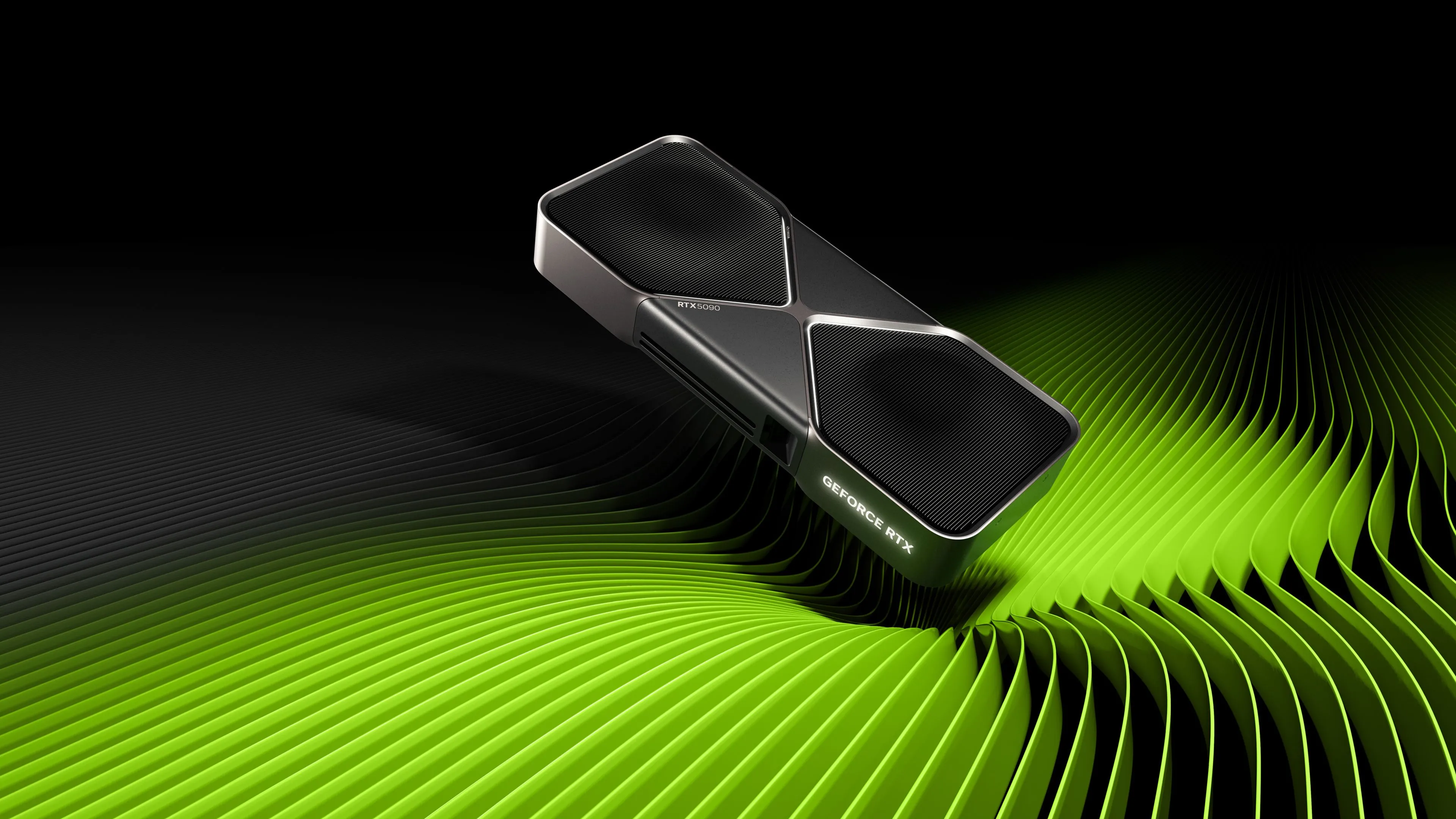 Thẻ đồ họa NVIDIA GeForce RTX 5090 nằm trên bề mặt phản chiếu
