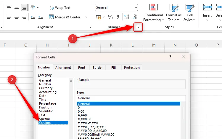 The Number Format dialog box launcher in Excel is highlighted, and the Custom number format in the Format Cells dialog box is selected.