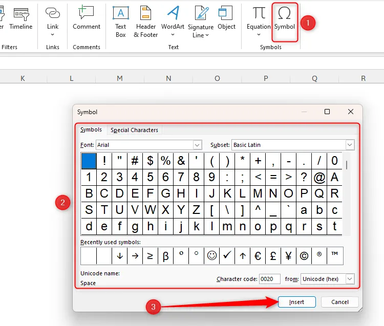 The Symbol dialog box in Microsoft Excel.