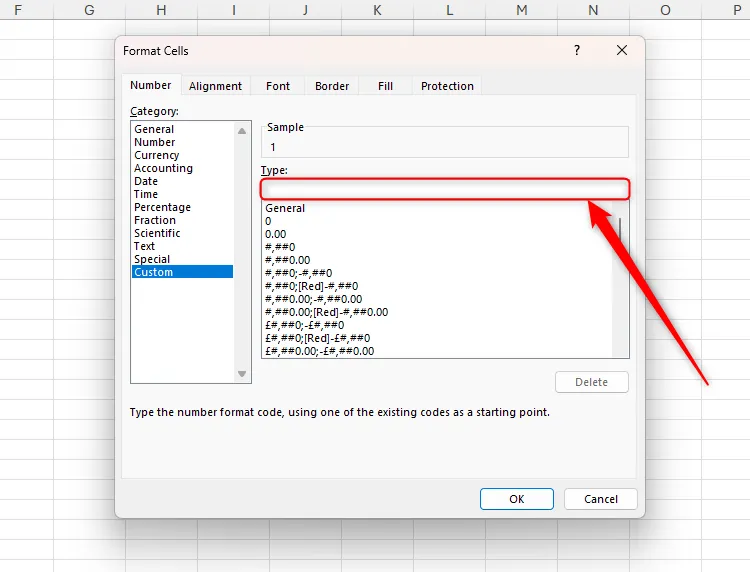The Type field in the Custom section of Excel