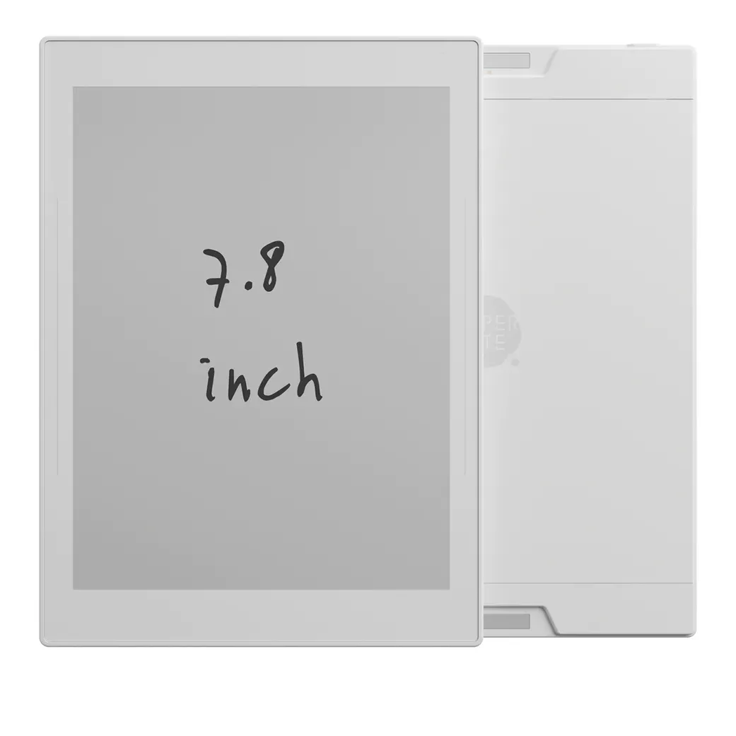 Thiết bị Supernote Nomad màu trắng, mặt trước và mặt sau, đặt trên nền trắng, nổi bật khả năng ghi chú kỹ thuật số cao cấp.