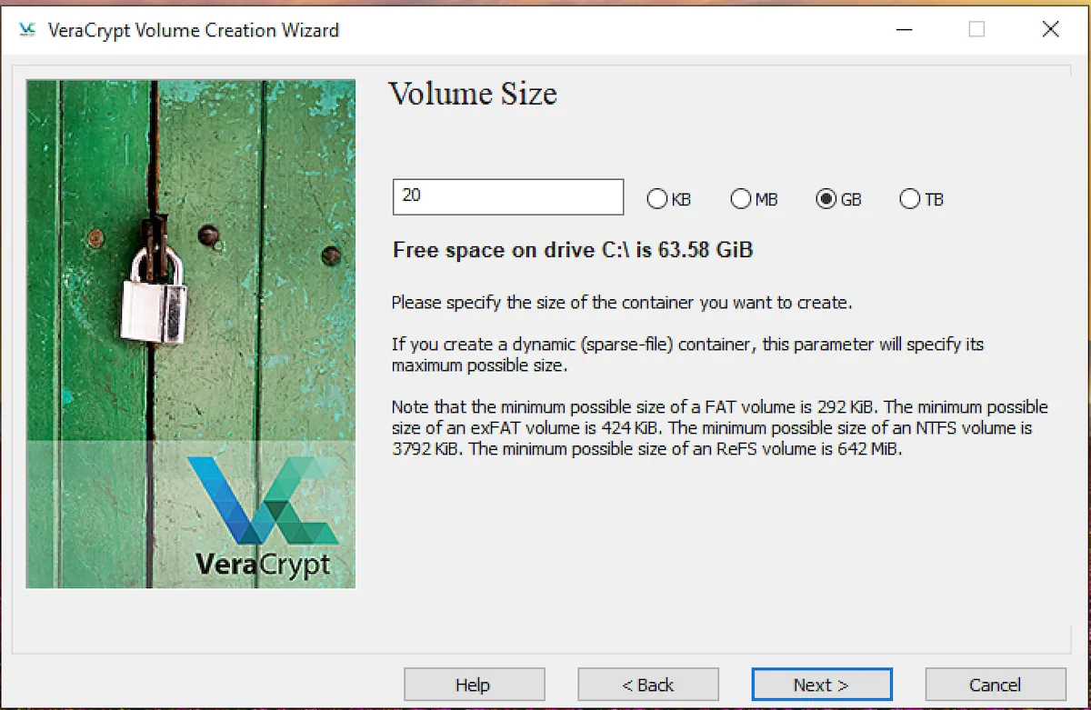 Thiết lập kích thước volume cho container mã hóa VeraCrypt