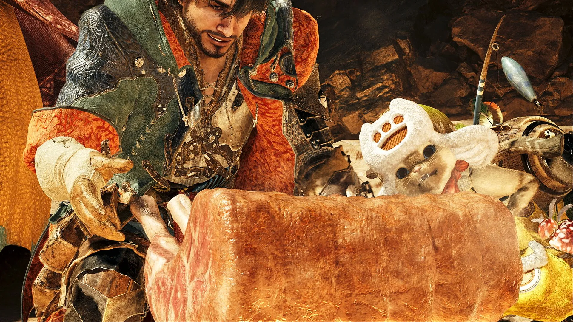 Thợ săn cùng bạn đồng hành và quái vật trợ giúp trong Monster Hunter Wilds
