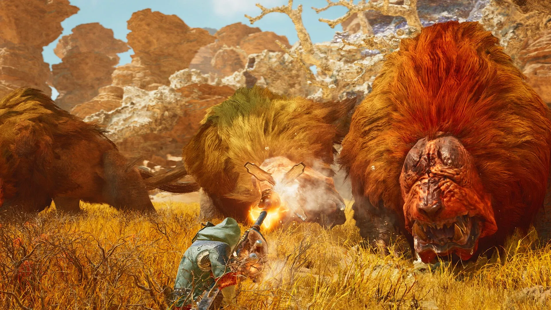 Thợ săn cưỡi quái vật bay qua vùng đất hoang dã trong Monster Hunter Wilds