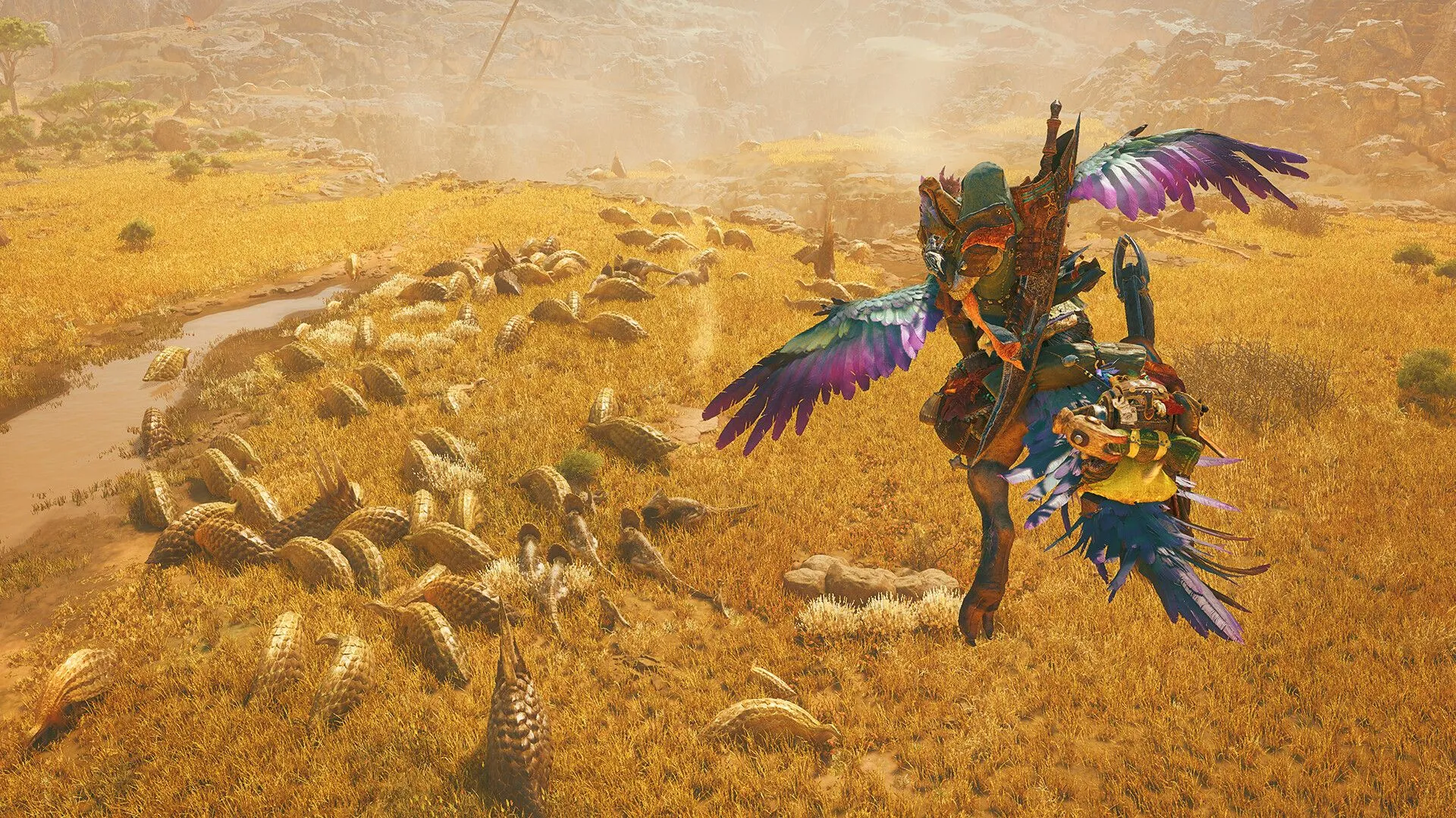 Thợ săn đối đầu quái vật trong cảnh quan rộng lớn của Monster Hunter Wilds