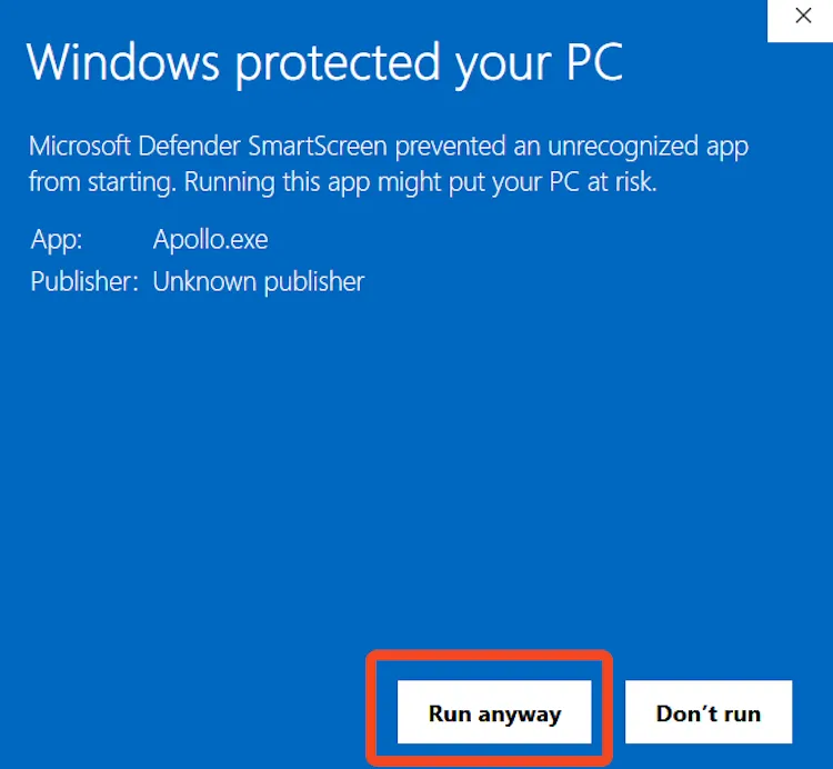 Thông báo cảnh báo ứng dụng không xác định của Windows Defender.