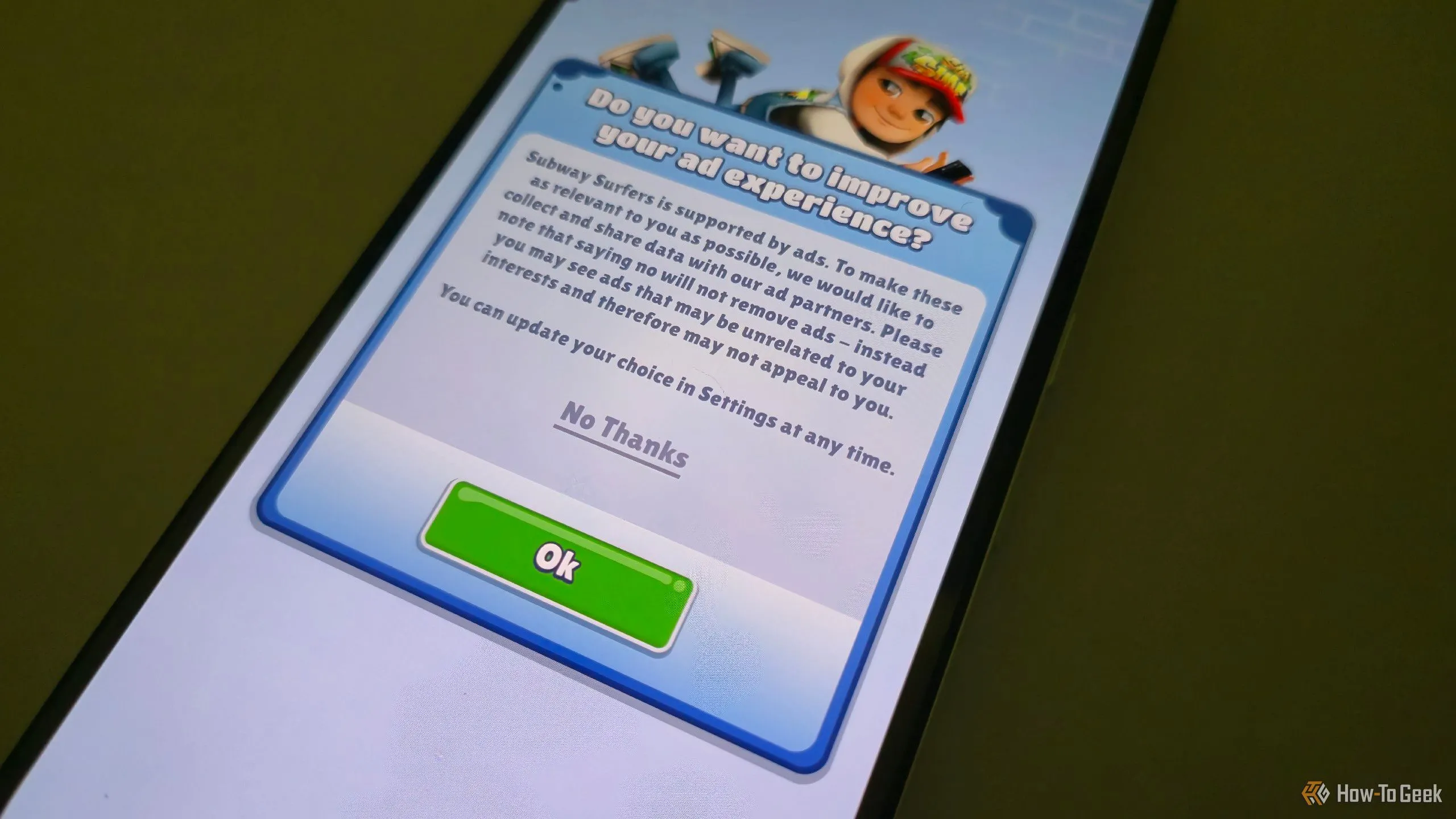 Thông báo thu thập dữ liệu trong Subway Surfers trên CMF Phone 2 Pro