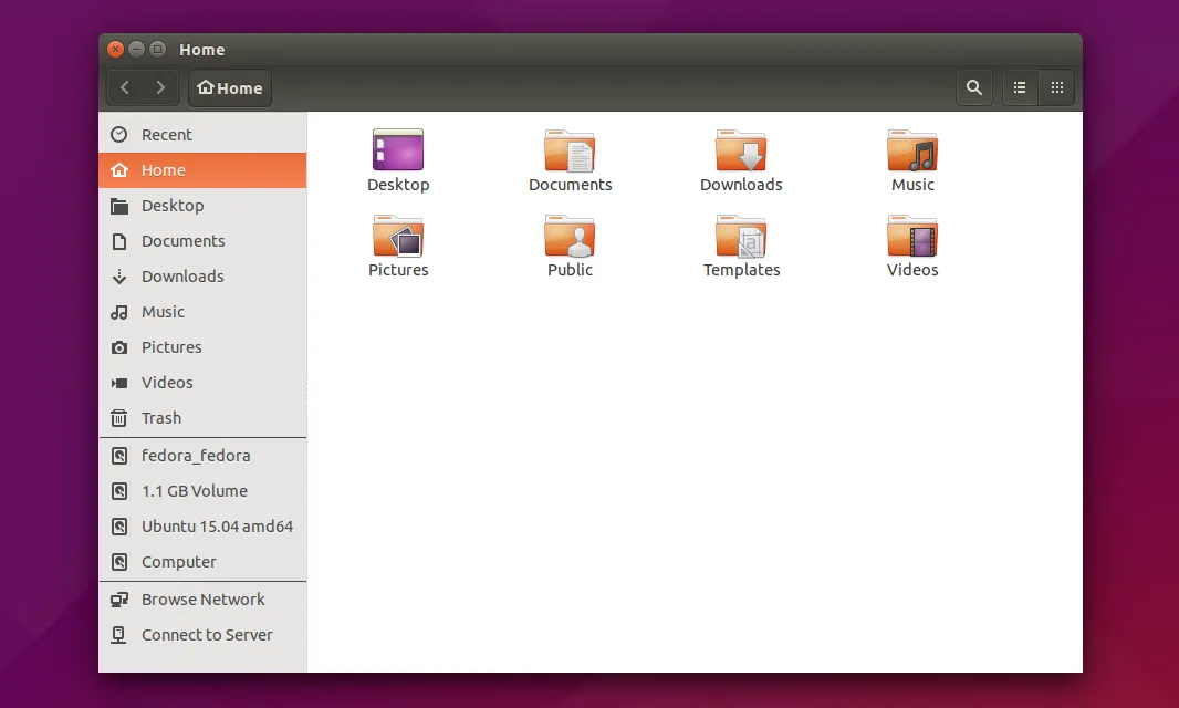 Thư mục Home trong Ubuntu 15.04, hiển thị cấu trúc thư mục sạch sẽ, chưa có thư mục &quot;snap&quot; gây tranh cãi của các phiên bản sau này.