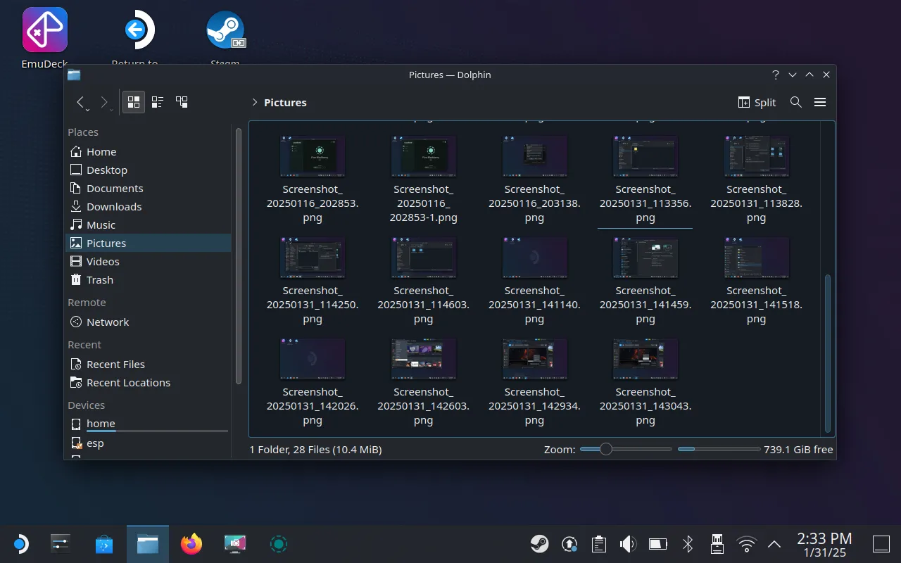 Thư mục &quot;Pictures&quot; trong Dolphin file explorer trên SteamOS, nơi lưu trữ ảnh chụp màn hình.