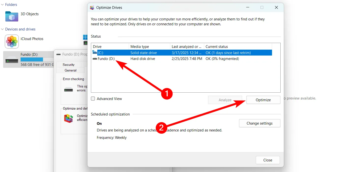 Thực hiện tối ưu hóa ổ đĩa HDD trong tiện ích Optimize Drives của Windows 11.