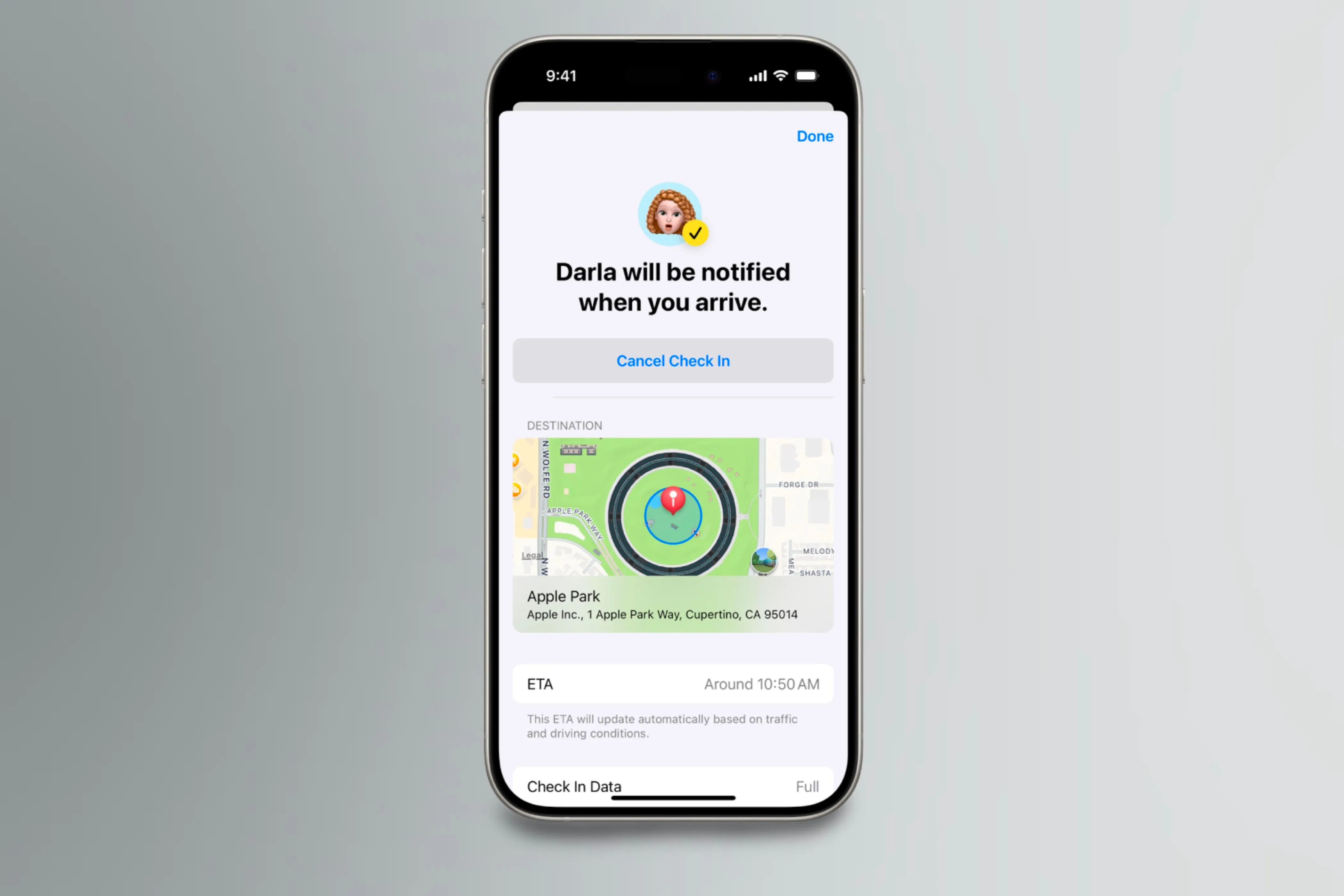 Tin nhắn tính năng Check In hiển thị trên màn hình iPhone, minh họa cách liên hệ khẩn cấp được thông báo.