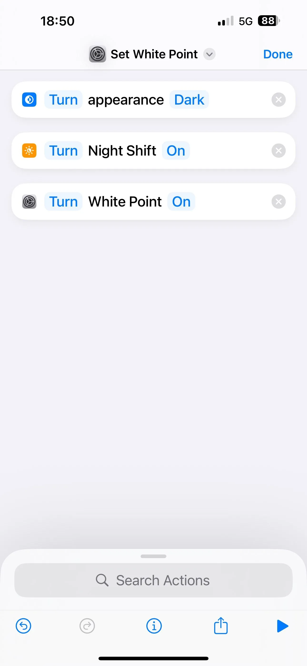Tổng hợp các hành động cài đặt ban đêm như Dark Mode, Night Shift, Giảm điểm trắng trong một phím tắt iPhone