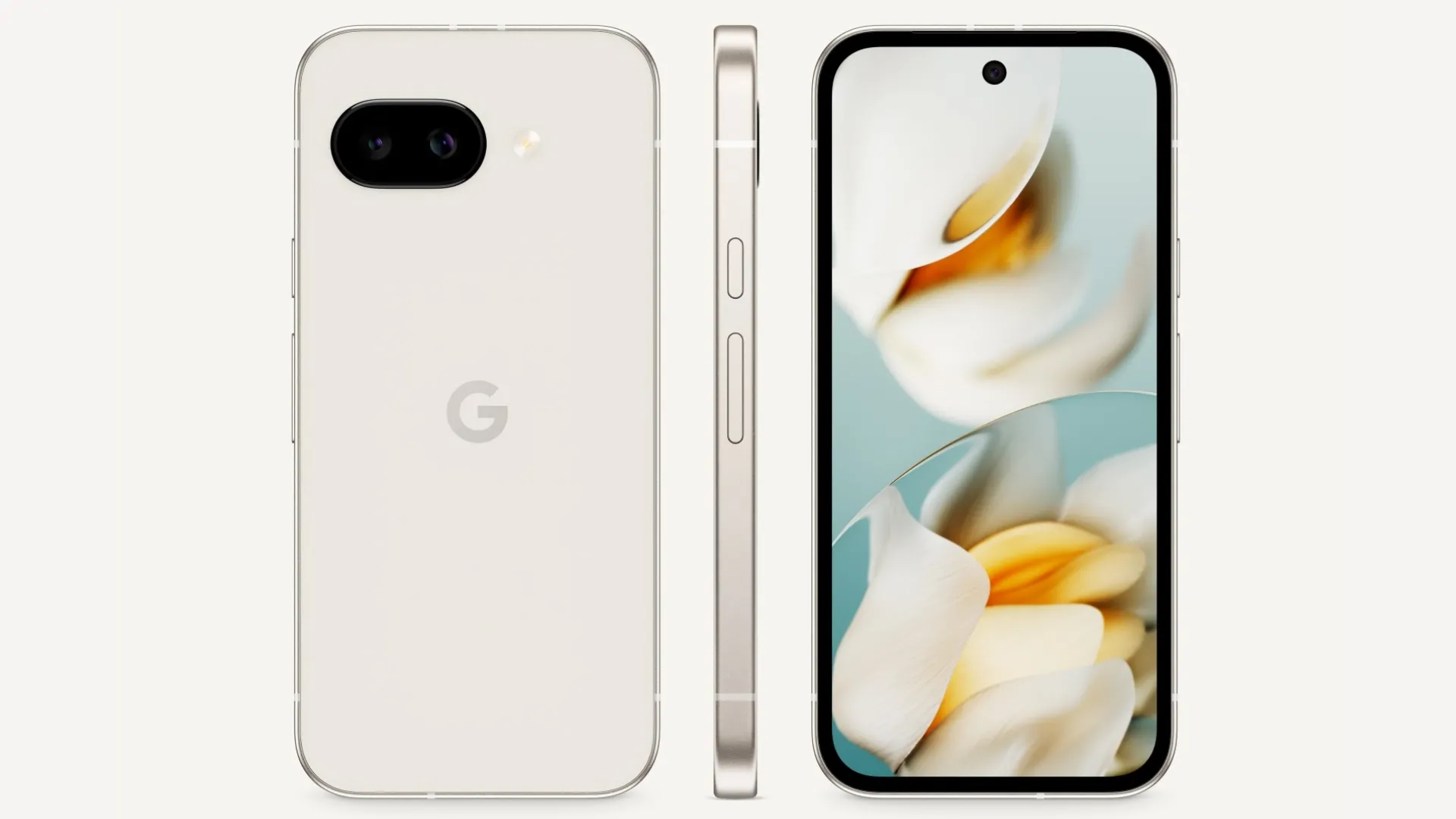 Tổng quan ba mặt của điện thoại Google Pixel 9a với màu trắng sứ thanh lịch