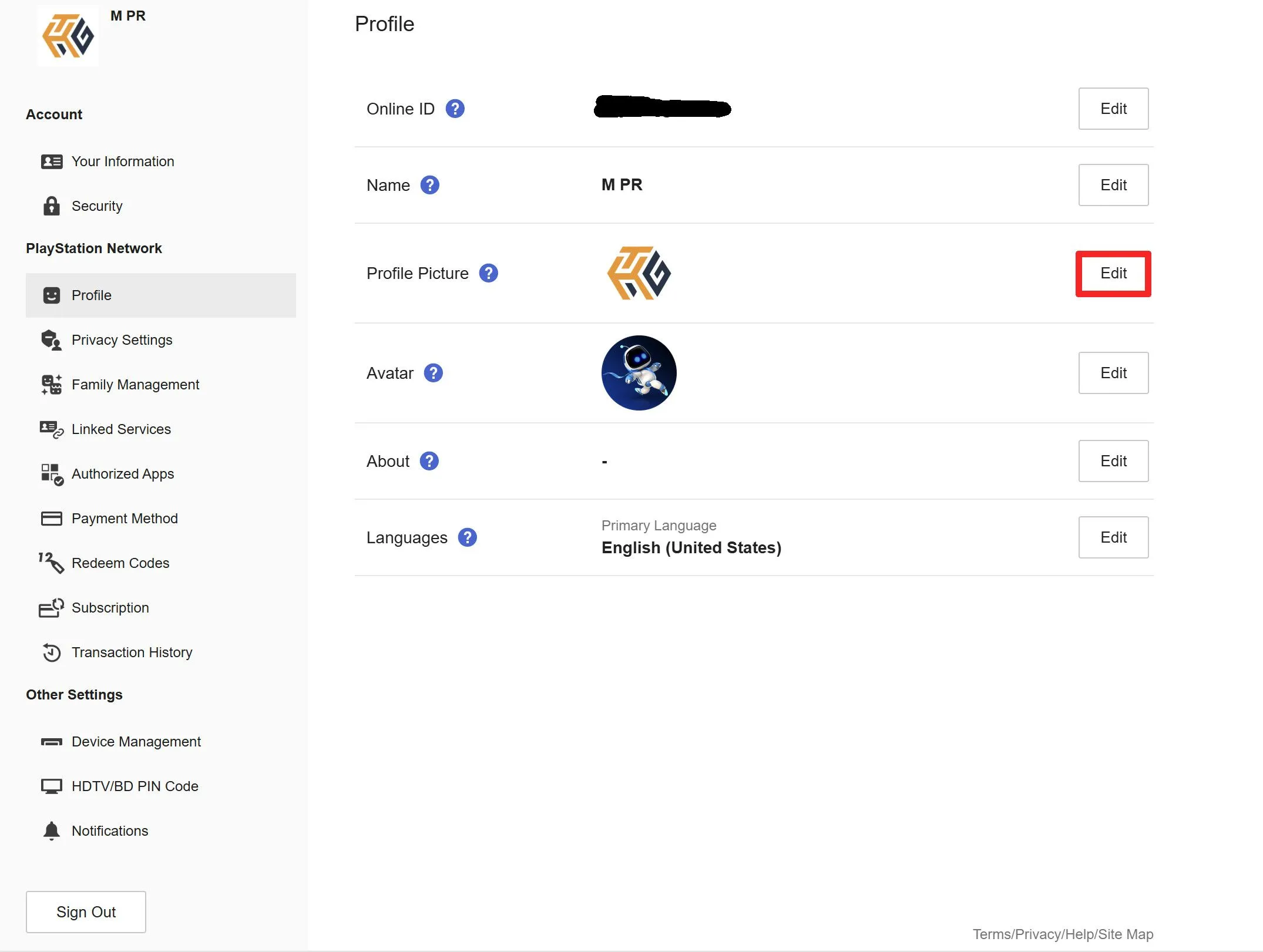 Trang hồ sơ PlayStation Network hiển thị nút &quot;Chỉnh sửa&quot; để thay đổi ảnh đại diện.