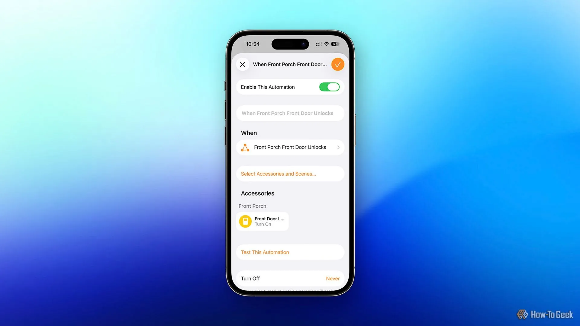 Tự động hóa HomeKit bật công tắc ảo khi cửa được mở khóa, đảm bảo đồng bộ trạng thái.