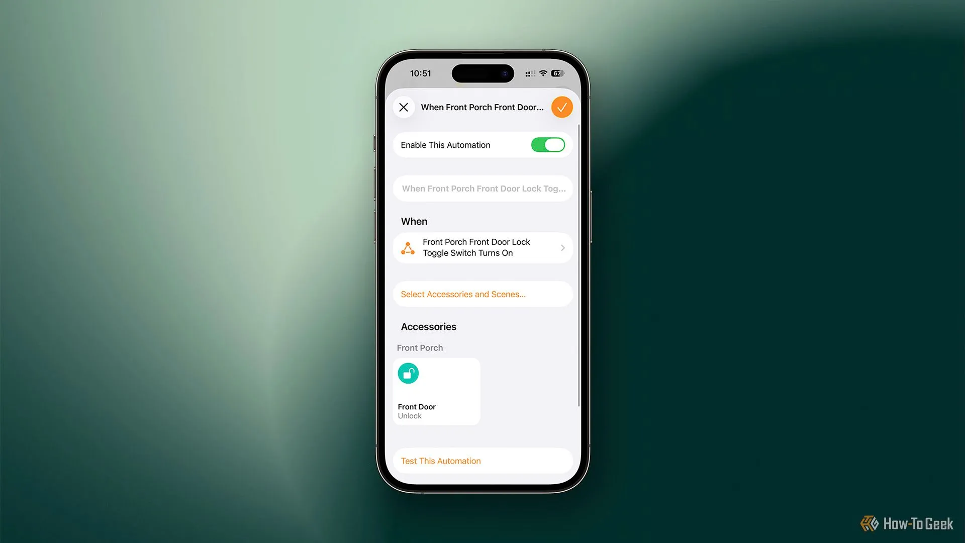 Tự động hóa HomeKit cài đặt để mở khóa cửa khi công tắc ảo được bật, là bước quan trọng trong chuỗi tự động.