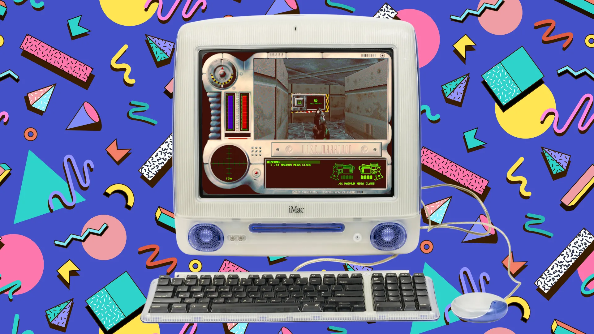 Tựa game Marathon cổ điển chạy trên iMac G3 với nền phong cách thập niên 90, gợi nhớ quá khứ gaming của Mac.