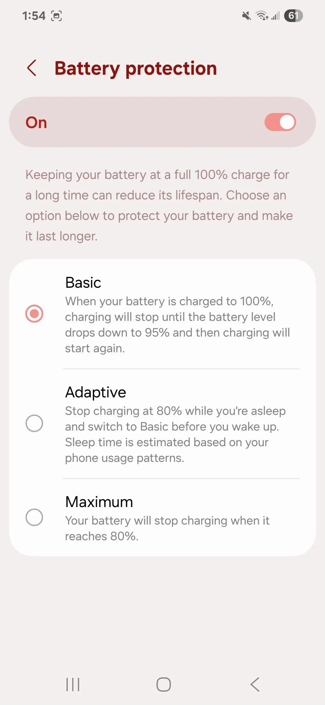 Tùy chọn bảo vệ pin cơ bản, thích ứng và tối đa trong cài đặt điện thoại Samsung