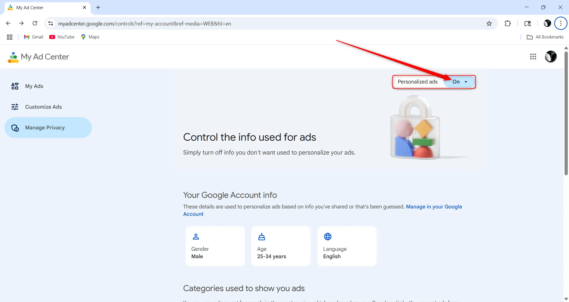 Tùy chọn bật tắt quảng cáo cá nhân hóa trong Trung tâm quảng cáo của tôi trên tài khoản Google.