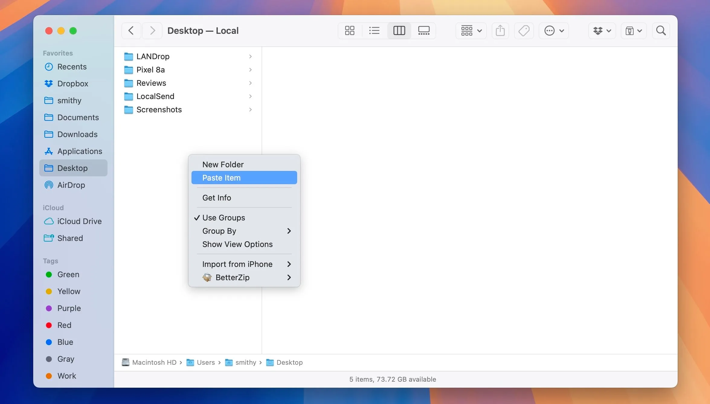 Tùy chọn 'Dán Mục' trong ứng dụng Finder của macOS, cho phép dán nội dung đã sao chép từ iPhone sang Mac bằng Universal Clipboard.