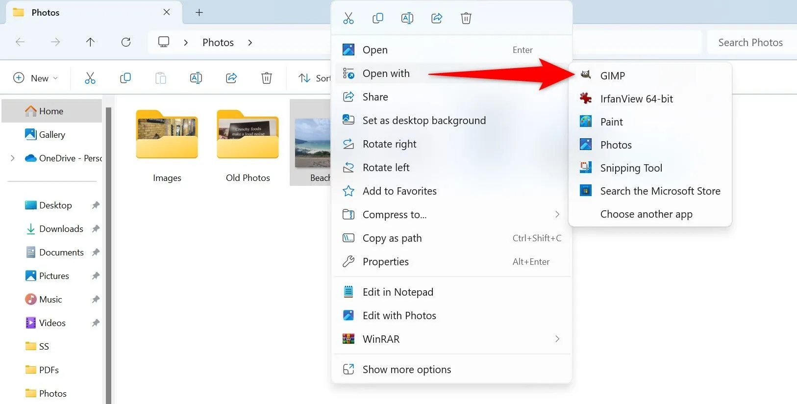 Tùy chọn &quot;Mở bằng &gt; GIMP&quot; được chọn cho một hình ảnh trong File Explorer của Windows 11.